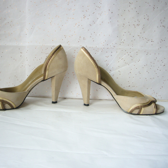 Franco Sarto Beige Gold d'Orsay Peep Toe Pump Great Gatsby Deco  8 Event Party - Picture 6 of 8